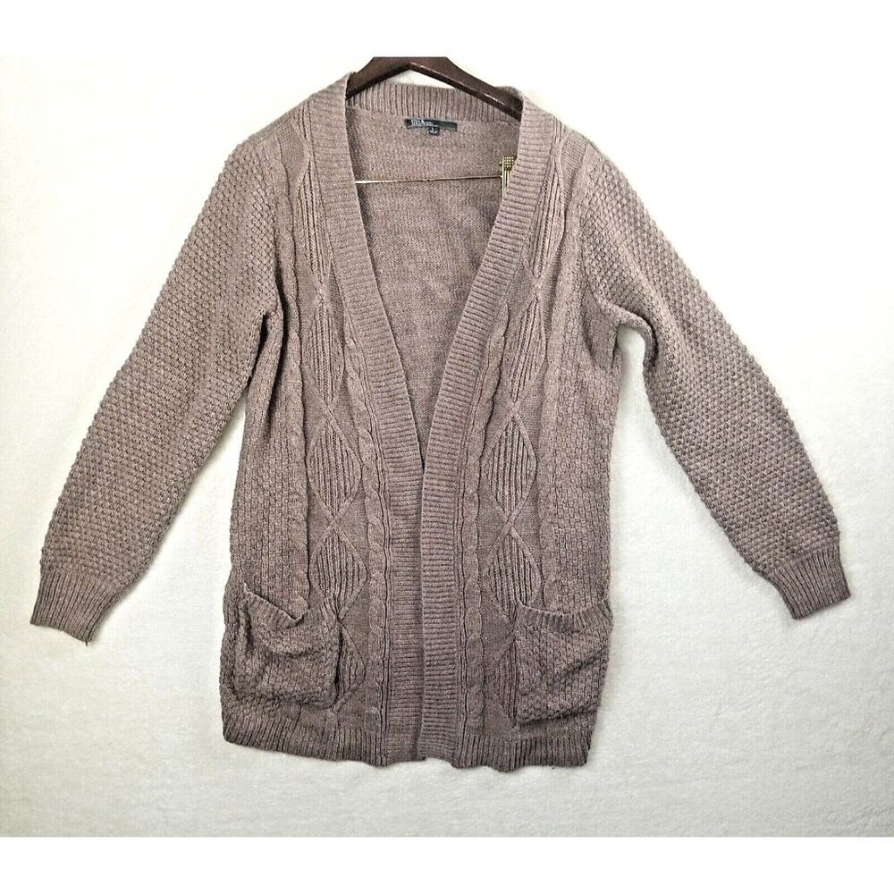 89th & Madison Taupe Cardigan Open front Cable knit‎ pockets slouchy comfort L